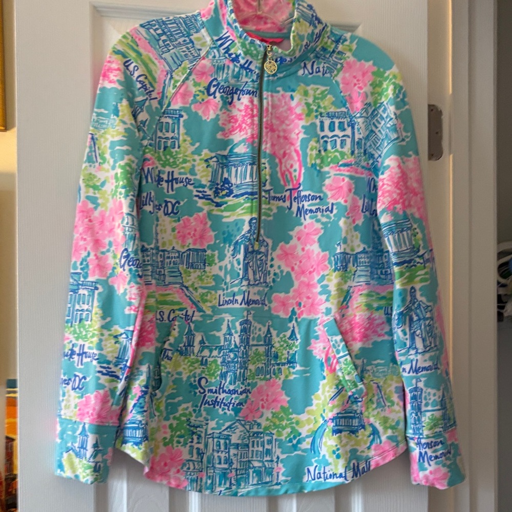 Lilly Pulitzer Bright Scenic Print Quarter-Zip Pullover - Pink & Aqua